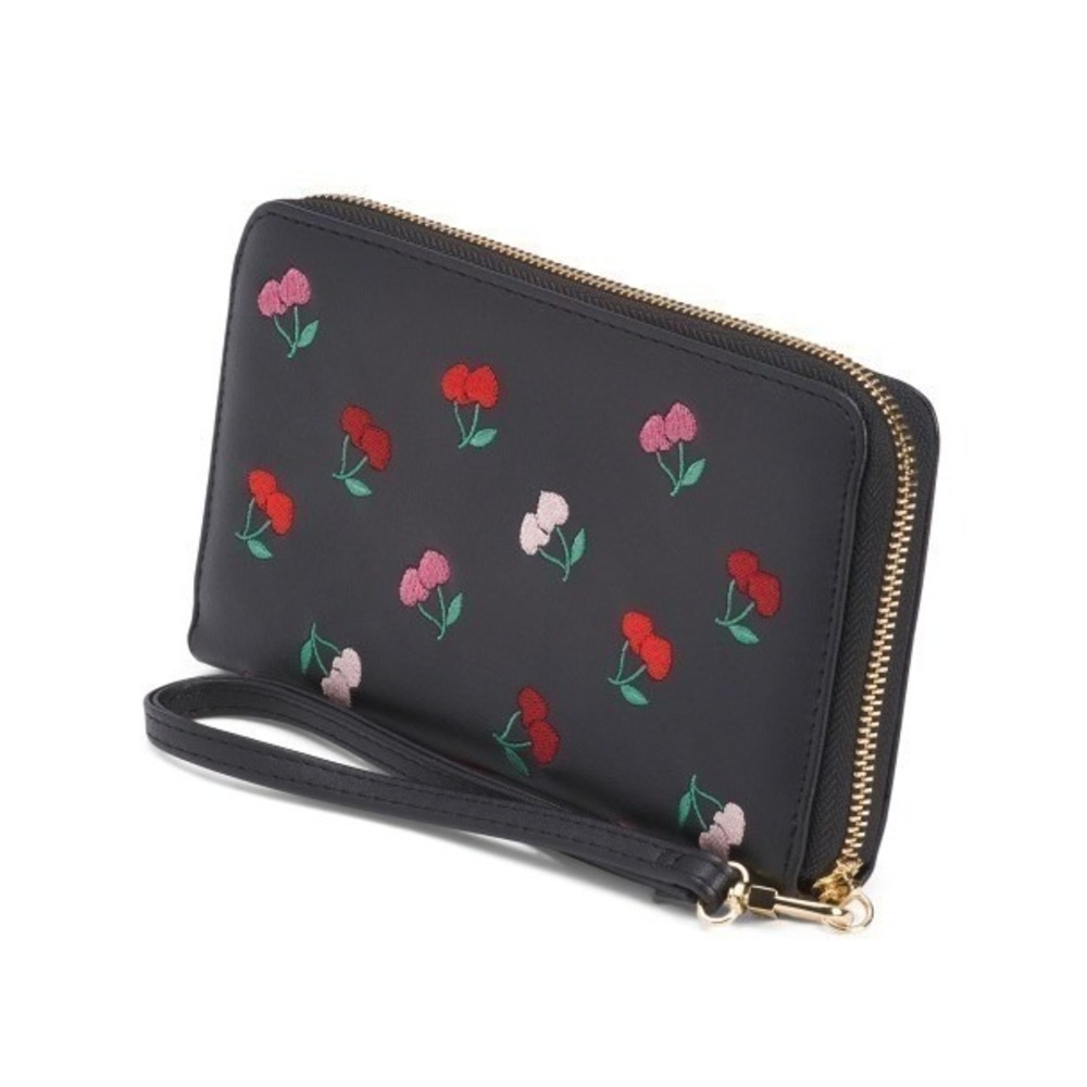 Betsey Johnson Cherry Toss Wallet Wristlet Black Embroidered Zip Around NWT - Picture 3 of 5